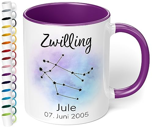 Sternzeichen Tasse mit Namen, Datum und 12 Sternenbilder personalisiert – 330ml Keramik Kaffeebecher, kleine Geschenke für Kollegen Frauen Männer Büro Geburtstag Weihnachten (Violett)