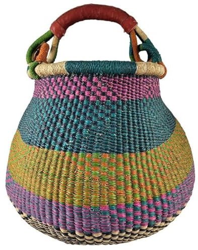 Bolga Gambigo Afrika - XXL - Das Original aus Ghana - Bunt - Fair Trade - Rund - Viele Farben - Afrikanischer Graskorb mit Ledergriff - Flechtkorb 30-40 cm - Rundkorb mit Wunschdesign (Sissili)