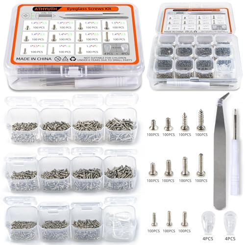 1100 piezas (11 tamaños) Kit de reparación de lentes de sol con destornillador Phillips magnético y pinzas para reparar gafas (vienen con almohadillas para la nariz), relojes, joyas y teléfonos