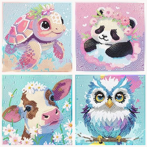 4 Pack Diamond Painting Kits for Kids, Animal 5D Diamond Art Kits for Kids, Turtle Owl Cow Panda Gem Painting Easy Kit, Full Drill Art Kit Crafts Sets for Girl Boy Children Ages 6-7-8-9-12 (6x6 inch)