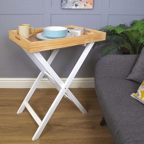 Folding Butlers Tray & Stand - Stylish Wooden Side Table with Detachable Top for Serving Food or Drinks – Ideal for Home, Garden, Kitchen, Lounge, Bedroom, Caravan, Camping - H77 x W60 x D40cm, White