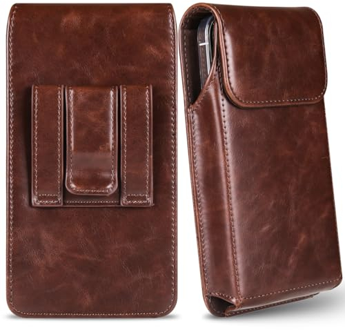 Miimall Phone Holster for iPhone Air/iPhone 16 15 Pro Max/iPhone 16 Plus, Samsung Galaxy Fold 7 6 5, S25 Plus/S24 Plus/S24 FE, [Magnetic Closure] [Belt Clip] Leather Pouch Phone Holder, Dark Brown