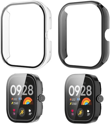 Coque Compatible avec Xiaomi Redmi Watch 4 - Couverture Complète 360 Degrés en PC avec Verre Trempé 9H - Étui de Protection Antichoc + Protection d'Écran HD - Transparent + Noir