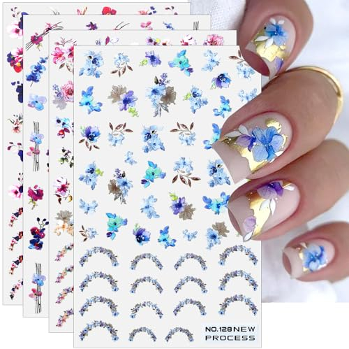 3D Flower Nail Sticker Set,4 Blatt Blume Nagelaufkleber Nagelfolie Selbstklebend Nagelsticker Blumen Nageldesign Aufkleber Nägel Zubehör Cute Flowers Nail Art Stickers Nailart Wildflower Nagel Sticker