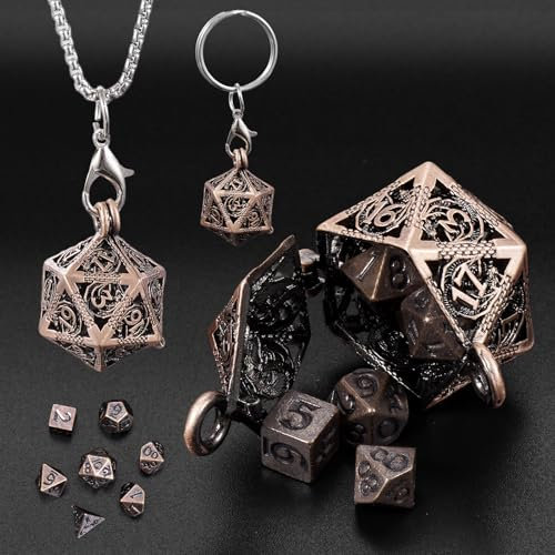 ORUZA 7 Stück Mini Metall DND Würfel Set Mit Kupfer Hohl Halskette Würfel Fall Polyedrische Würfel Set Tragbare D&D Schlüsselanhänger Würfel für Dungeon und Dragons MTG RPG Tischspiele Würfel