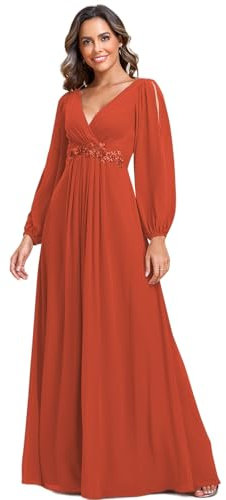 Ever-Pretty Robe Mère de Mariée Grande Taille Femme Longue Manche Longue Col V en Mousseline Applique Plissé Orange Caramel 48