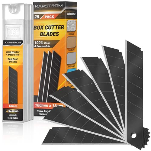 Lame per taglierino KapStrom (nero, 25 pezzi), lame di ricambio per coltelli multiuso affilati, lame a scatto in acciaio al carbonio per impieghi gravosi da 18 mm