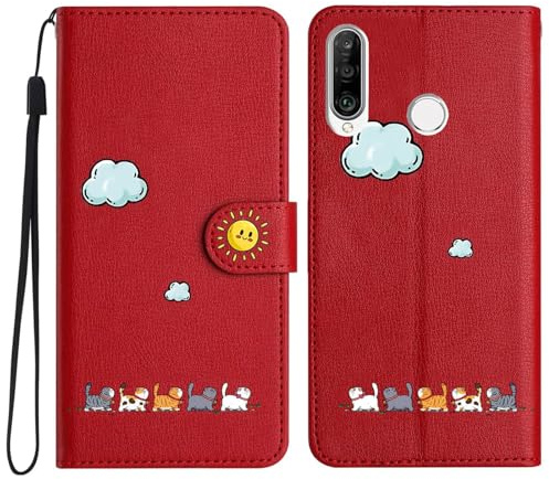 Niedlich und Schöne Geldbörse Handyhülle für Huawei P30 Lite, Nette Katzen Muster Haltbares PU+TPU Leder mit Prämie Magnetisch Schließung Flip Telefon Hülle für Huawei P30Lite (Rot)