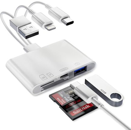 Lightning & USB A & USB-C SD Kartenleser für iPhone/iPad/Kamera, 4-in-1 Multi Speicherkartenleser SD Kartenleser Card Reader Adapter mit Micro SD & SD Kartensteckplätzen, USB A Port und Ladeanschluss