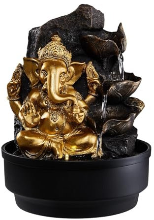 BTGGG Indoor Fountain Golden Ganesha with LED Light Indoor Water Features 21.5 * 21.5 * 30CM Desktop Feng shui Meditation Zen Fountain for Relaxing Indoor Decoration, 3 Pin UK Plug Included