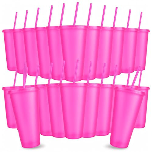 ZILAMGOO 24 Pcs 24 oz Reusable Glitter Cups with Lids and Straws Plastic Party Favor Cups Iced Coffee Cup Reusable Straw Cups for Party Birthday Events Supplies