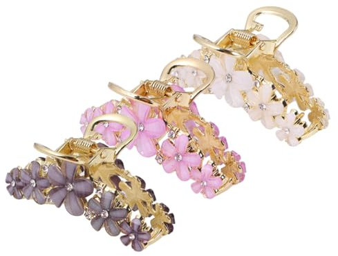 Healvian Lot De 3 Barrettes à Cheveux Fleurs En Alliage Blanc, Violet Et Gris, Style Coréen, Pince Crabe Décorative, Accessoires Coiffure Pour Femmes, Usage Quotidien Et Fête