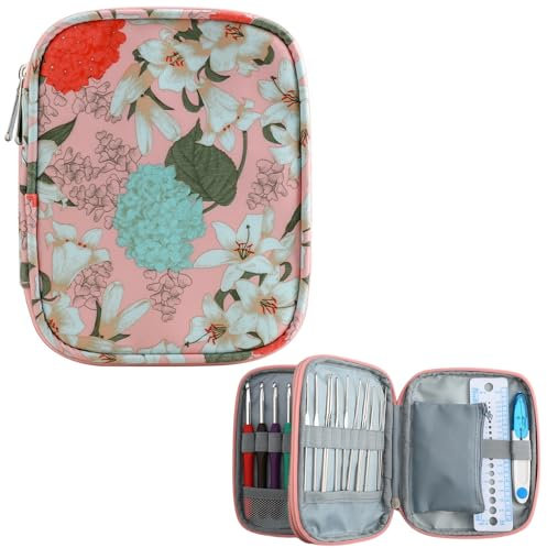Borsa per Uncinetto Cucito Storage Organizer Bag con tasche Web Motivi floreali Borsa per ferri da maglia Crochet Organizer per vari aghi da uncinetto Kit uncinetto Strumenti (solo borsa) (B)