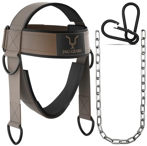 JAG GEARS Neck Trainer Neck Training - 7 mm Neoprene Padded Neck Trainer with 110 cm Long Adjustable Steel Chain Head Harness for Neck Training - Head Harness for Gym, Weight Training (Braun)