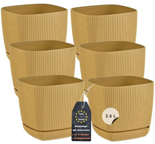 Engelland - 6 x Blumentopf mit Drainagesystem, Untersetzer, Farbe: Ocker-Gelb, Rillenoptik, Pflanz-Topf, Kübel, modern, Kunststoff, quadratisch, 18 x 18 cm, 3,6 Liter