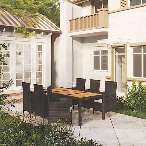 Fasba 7-TLG. Garten Essgruppe, Terrassenmöbel Set 6 Personen, Sitzgruppe Outdoor, Esstisch mit Holz-Tischplatte & Stühle mit Sitzkissen, Gartenmöbel Set Poly Rattan Schwarz/ 3094837