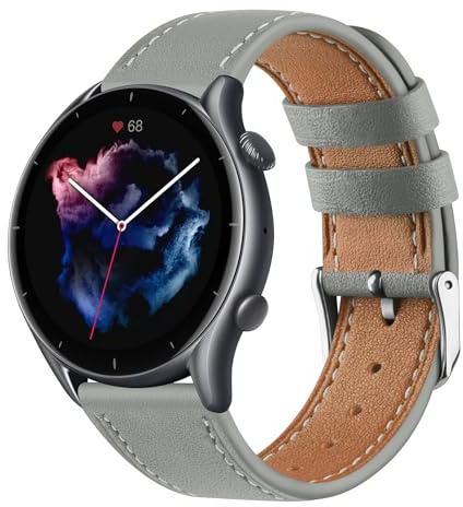 Amzpas Armband für Amazfit GTR 3 Armband Damen Herren,22mm Leder Ersatzarmbänder Uhrenarmband für Amazfit GTR 4, 3 Pro,2, 2e, 47mm, Balance, Stratos/2/2S/3/Pace(Grau)