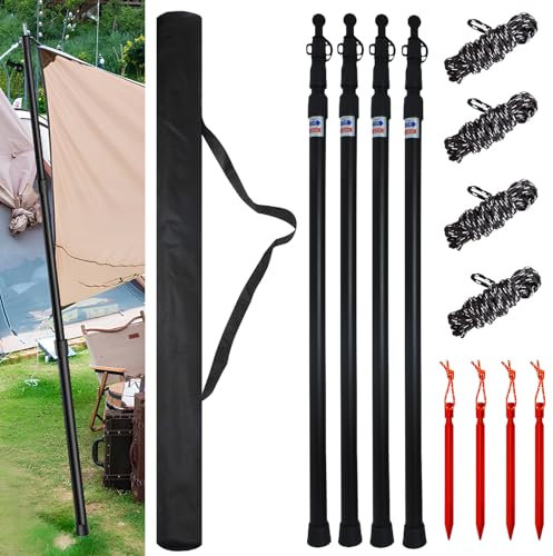 Bostar 4 PCS Palo Toldo Ajustable 90-230CM con Tapa de Goma Ancha Extensible Toldo Aluminio para Camping Barras de Tienda de Campaña de Aluminio para Furgonetas Camper (Negro)