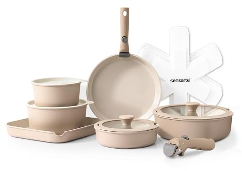 SENSARTE Keramik Topfsets Pfannenset 17 Teiliges, Antihaft Kochgeschirr mit Abnehmbarem Griff, Für alle Herdarten geeignet, Spülmaschinenfest, Ofenfest, PFAS PTFE PFOA PFOS Frei (Beige）