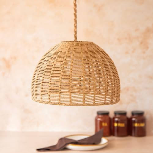 Handwoven Dome Pendant Lampshade Natural Rattan-Style Ceiling Light Shade in Tight Weave Design Boho, Coastal & Minimalist Home Decor (H 23cm x W 29cm) Pack of 3