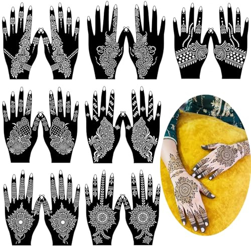 QSTOHENA 14 Blätter Henna Hände Tattoo Schablone Kit, temporäre Tattoos Schablone Aufkleber für Frauen und Mädchen indische arabische realistische Tattoo Vorlagen
