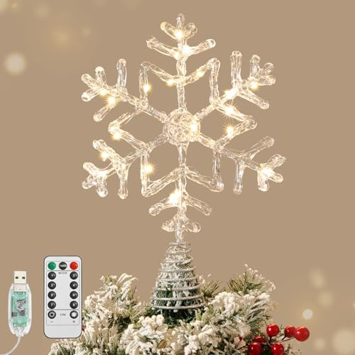 Lewondr Puntale Per Albero Di Natale A Fiocco Di Neve, 12,2'' 20 LED Puntale Natalizio In Resina Lucida Con Timer 6 Ore E 8 Modalità Telecomando USB, Decorazione Per La Casa, Argento
