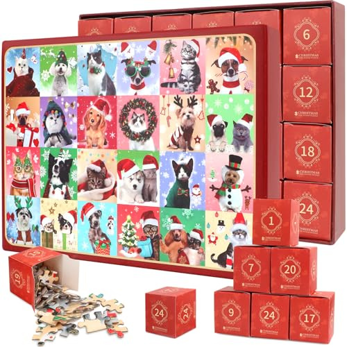 Puzzle Adventskalender 2025, 24 Tage Weihnachtspuzzle Countdown Bis Weihnachten, 1008 Pcs Hund und Katze Weihnachten Puzzle, Weihnachts Countdown Geschenk für Erwachsene und Kinder