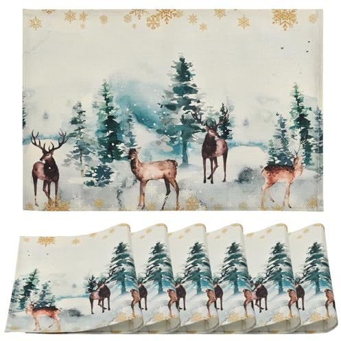 ALINK Kiefern Elch Schneeflocken Weihnachten Platzsets 6er Set, 32x45cm Winter Urlaub Bankett Tischsets Platzdeckchen Küche Party Deko