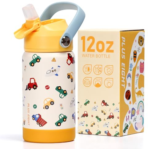 pluseight Kids Insulated Water Bottle with Straw Lid, 12 oz BPA-Free Double Wall Vacuum Tumbler 18/8 Stainless Steel Leak Proof Kids Cups with Straw for School Travel Boys Girls (Yellow-Cars)
