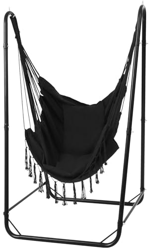 U-Shaped Hammock Chair with Stand, Heavy-Duty Steel Hanging Chair with Stand for Indoor & Outdoor Use, Solid Support & Stable Base, 220 lbs Capacity, Easy Assembly - Black
