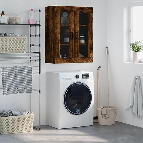 RMIHSJG Armoire murale en chêne fumé 69,5 x 34 x 90 cm avec portes en verre et poignées pour salon, chambre à coucher, bureau, armoire suspendue, organiseur de rangement