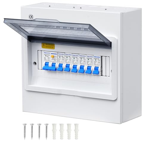 TRWUDRFA Coffret Electrique Etanche - Tableau électrique apparent d’interrupteur différentiel 63A et disjoncteurs 3x10A+2x16A+1x20A - Coffret de protection pour maison, bureau et centre commercial