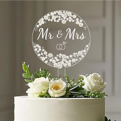 Litvana Mr and Mrs Cake Topper Pearls Rhinestones Round Shaped | for weddings, engagements, anniversaries & bridal showers. acrylic with faux pearls & rhinestones