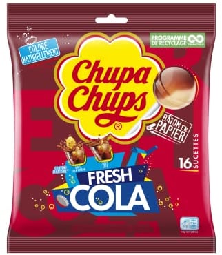 Chupa Chups Sachet de 16 Sucettes Bonbons Fresh Parfums Cola/Citron sans Gluten 0 pourcent Matières Grasses sans Édulcorants, Brun, 16 Unité (Lot de 1)