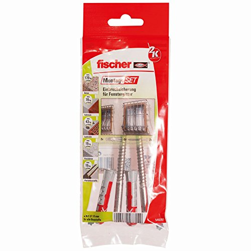 fischer MontageSet Einbruchsicherung für Fenstergitter B, mit 2 x Dübel DUOPOWER 10 x 50, 2 x Spanplattenschraube 7,0 x 105 Panhead A2 rostfrei TX, 2 x TX-Sicherungen - 1 Stück - Art.-Nr. 540287