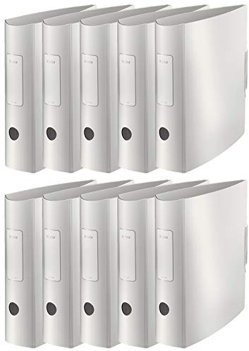 Leitz Qualitäts-Ordner 180° Active Style in gebürsteter Alu-Optik, A4, Runder Rücken, 8,2 cm Breite, Gummibandverschluss (10er Pack, Arktik-Weiß)