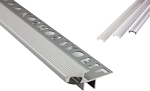 T-40 20° LED Alu Fliesenprofil Treppenprofil Stufen 10mm silber + Abdeckung Abschlussleiste Fliesen für LED-Streifen-Strip 2m milky