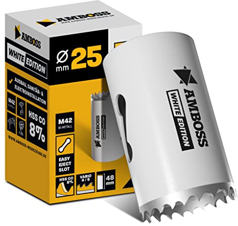 Scie cloche bi-métal HSS M42 - 25 mm - Pour acier, panneaux de particules, bois dur, plaques de plâtre, etc. - Profondeur de coupe 48 mm - Sans support