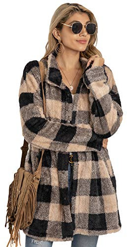 EFOFEI Damen Langarm Oversize Bluse Übergroßen Plaid Tartan Shirt Leichtes Hemd Mit Taschen Casual Flannel Tunika Braun M
