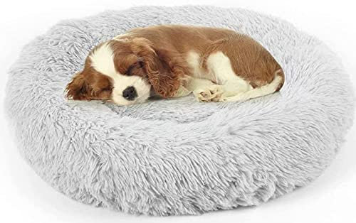 Enjamoy Plush Donut Dog Bed, Calming Round Dog Cat Bed Soft and Fluffy Cuddler Pet Cushion Self-Warming Puppy Beds Machine Washable, Grey 60cm