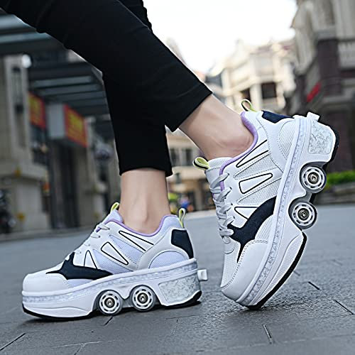 YXHUI Rollschuh Roller Skates, Sneakers, 2 In 1 Mehrzweckschuhe Schuhe Mit Rollen Skateboardschuhe, Inline-Skate, Verstellbare Quad-Rollschuh Stiefel,GreyBlue-EU37/UK4