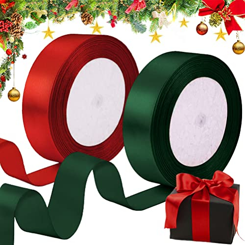 Weihnachten Satinband Geschenkband Breit, Schleifenband Seidenband Stoffband zum Basteln Geschenkverpackung, Rot Dunkelgrün Satin Band Dekoband für Weihnachtsdeko Hochzeit Geburtstag Party, 25mmx44M