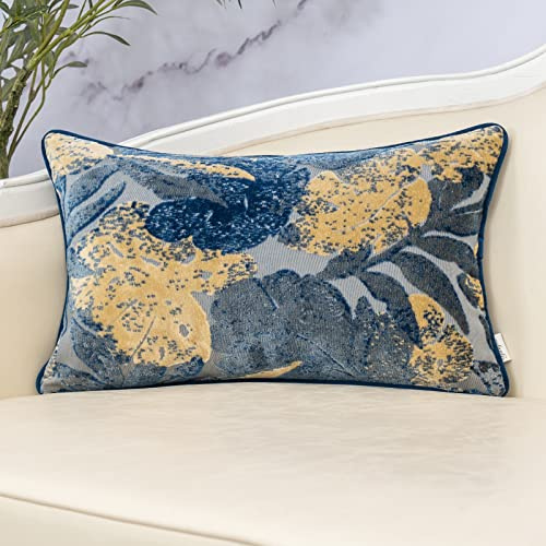 Yangest Blaues Monstera-Blatt-Samt-Kissenbezug, strukturiert, Vintage-Stil, neutral, länglich, für Sofa, Couch, Schlafzimmer, Wohnzimmer, Zuhause, Weihnachtsdekoration, 30,5 x 50,8 cm