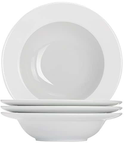 Buyajuju Porcelain Round Soup Plates, Pasta Bowls Set of 4 Classic White Deep Soup Bowls, Ceramic Rimmed Bowls, 9.1 Inches Diameter with Rim Plates