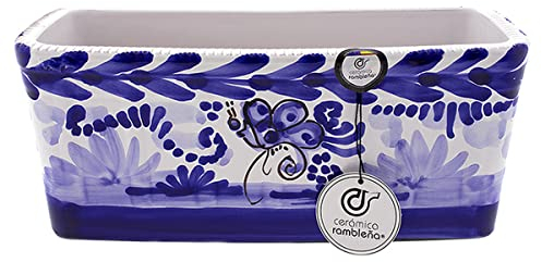 CERÁMICA RAMBLEÑA | Jardinera | Jardinera balcón | Jardinera Exterior | Jardinera Rectangular | Jardinera Decorado montería Azul - Modelo J02 | 100% Decorada a Mano | 30x13x13 cm
