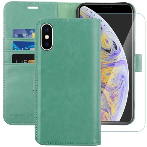 MONASAY iPhone Xs MAX Wallet Case,6.5-inch, [Glass Screen Protector Included][RFID Blocking] Flip Folio Leather Cell Phone Cover with Credit Card Holder for iPhone Xs MAX,Mint