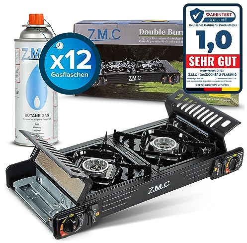 Z.M.C Premium Camping Gaskocher 2-flammig + 12 Gaskartuschen 227g, Campingkocher mit transportkoffer für Outdoor und Innenraum, Balkon Kocher, Doppelgaskocher mit Piezozündung