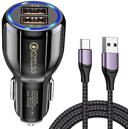 HORJOR Cargador Coche Carga Rapida Cargador Coche USB QC 3.0 Doble Puerto Cargador Movil Coche con Cable De 1m Mechero Coche Compatible con iPhone,iPad,Samsung,Huawei,Xiaomi