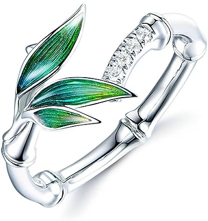 AMDXD 18 Karat Weiß Gold 750 Solitärring, Eheringe Emaille Bambus Blätter mit Diamant Pärchen Ringe Weiß, Gr.56 (17.8), Echt Goldschmuck