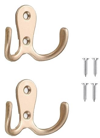 Yesmin 2 Pcs Double Prong Robe Hooks, Dual Coat Hooks Wall Mounted Hanging Clothes for Bathroom Bedroom Door Wall Retro Metal Cloth Hanger Double Coat Hooks with 4 Screws (Rose Gold)